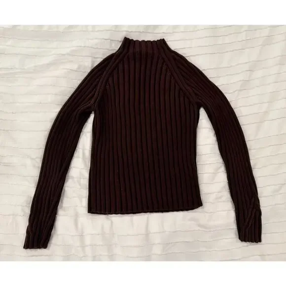 Ribbed Mock Neck Sweater Women's Small Brown Cotton Dark Academia Minimalist - Picture 15 of 16